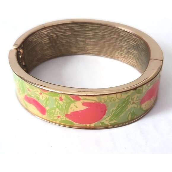 Lilly Pulitzer Pink Lemonade Boca Bangle Bracelet Goldtone Hinged Pink Green - Picture 1 of 6